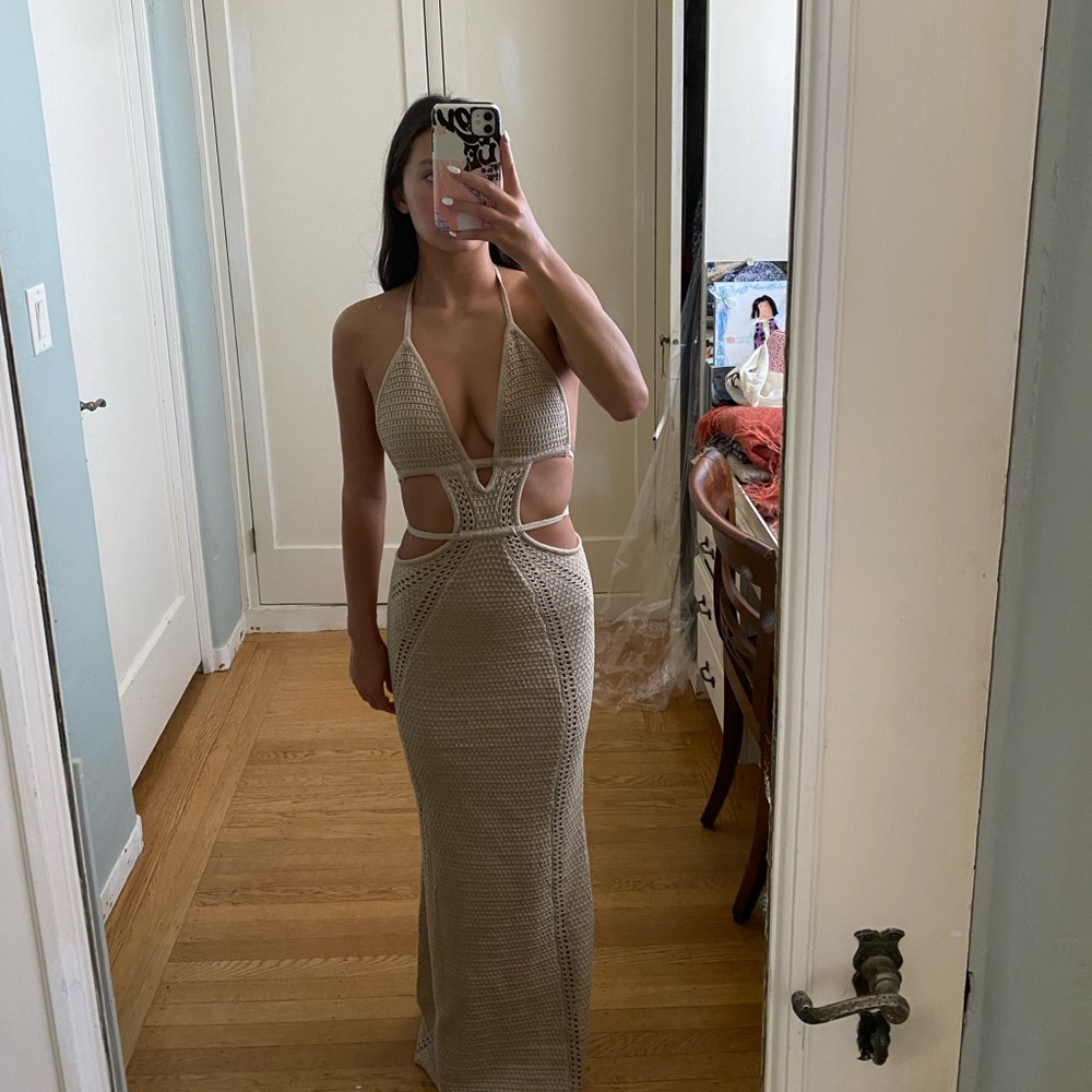 BRAND NEW Babyboo maxi crochet tan dress, super cute and insanely flattering!